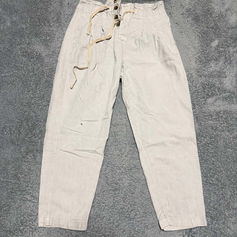 Free People Pants Womens Small Beige High Rise Gather Waist Straight Cropped
